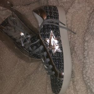 Navy tweed sneakers similar to a very expensive brand.